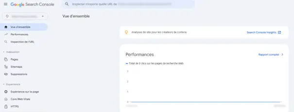 Accueil de la propriété Search Console